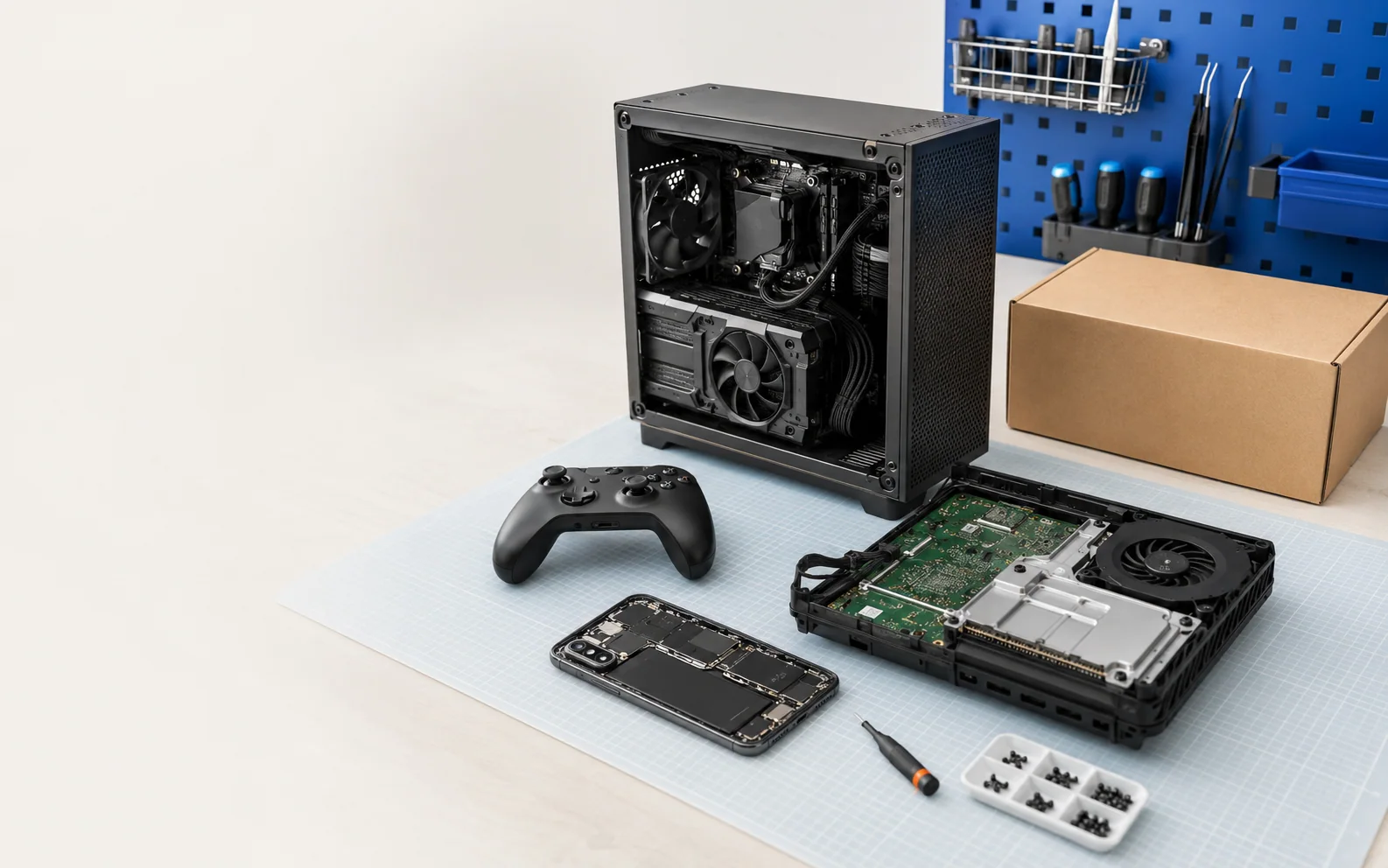Professional repair bench with a desktop PC, game controller, phone, and open game console