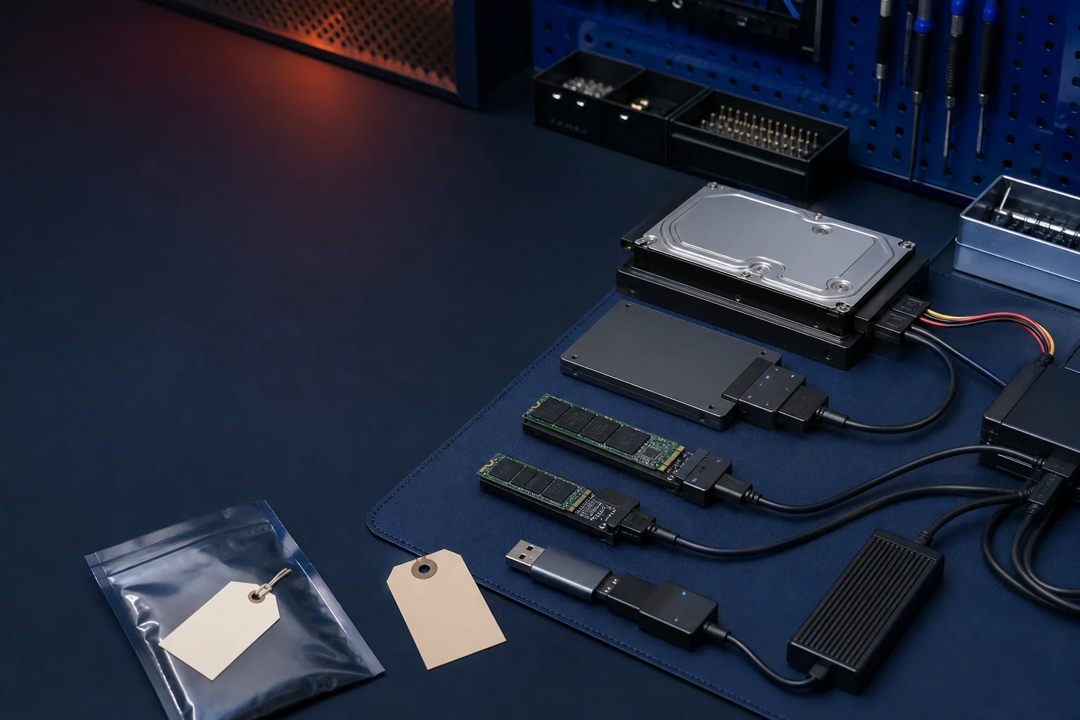 SSD, hard drive, and flash storage connected to diagnostic equipment